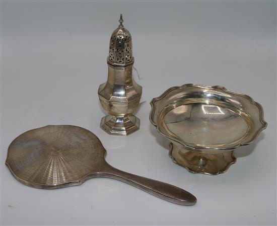 Silver sugar caster, a scalloped tazza and a hand mirror